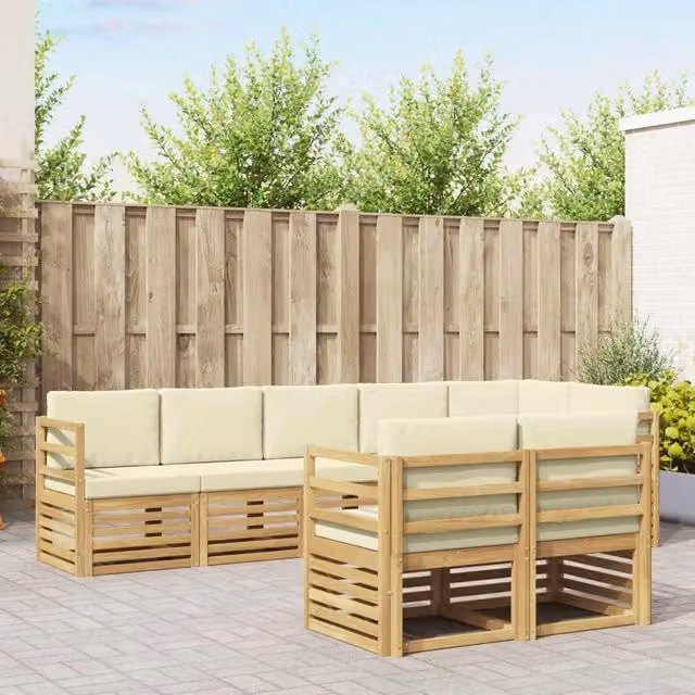 Set di divani da esterno a L vidaXL in legno di acacia con cuscini, Bianco e Beige