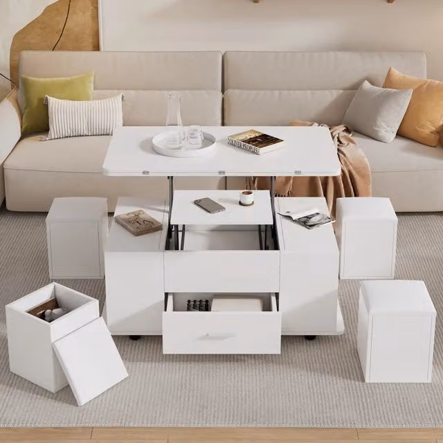 Tavolino da salotto regolabile in altezza multifunzione con 4 pouf bianco