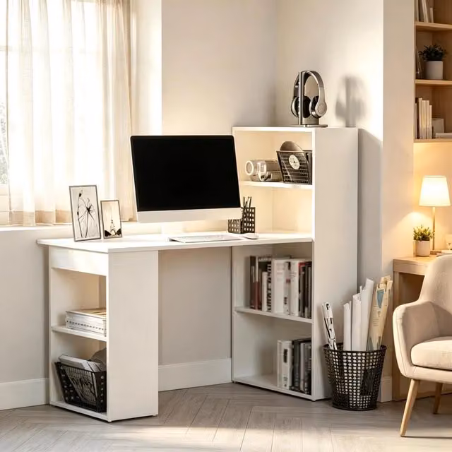 Scrivania moderna WISHDOR bianca con piano in MDF laminato per home office L: 120 cm, P: 60 cm, H: 75 cm