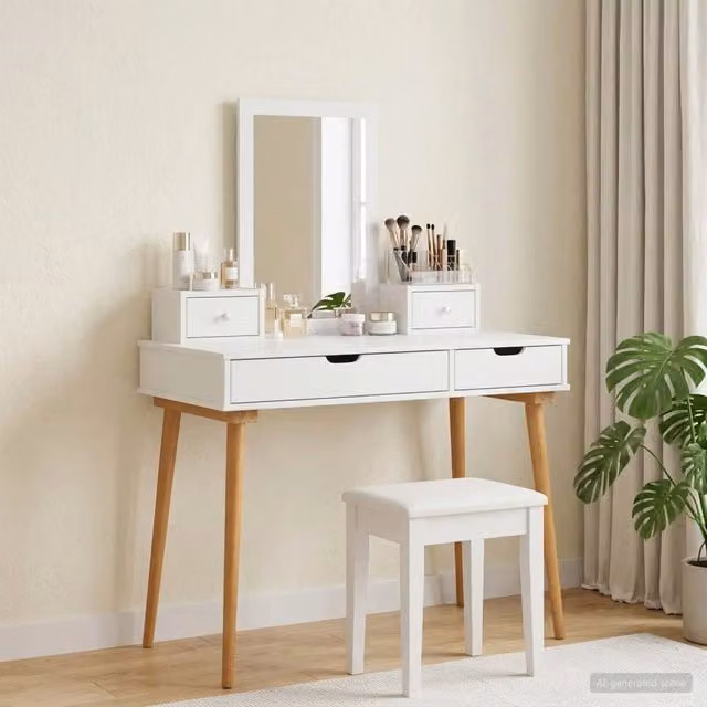 Set Tavolo da Trucco FAUSKE vidaXL 4 pz Bianco L: 100 cm, P: 50 cm, H: 143 cm