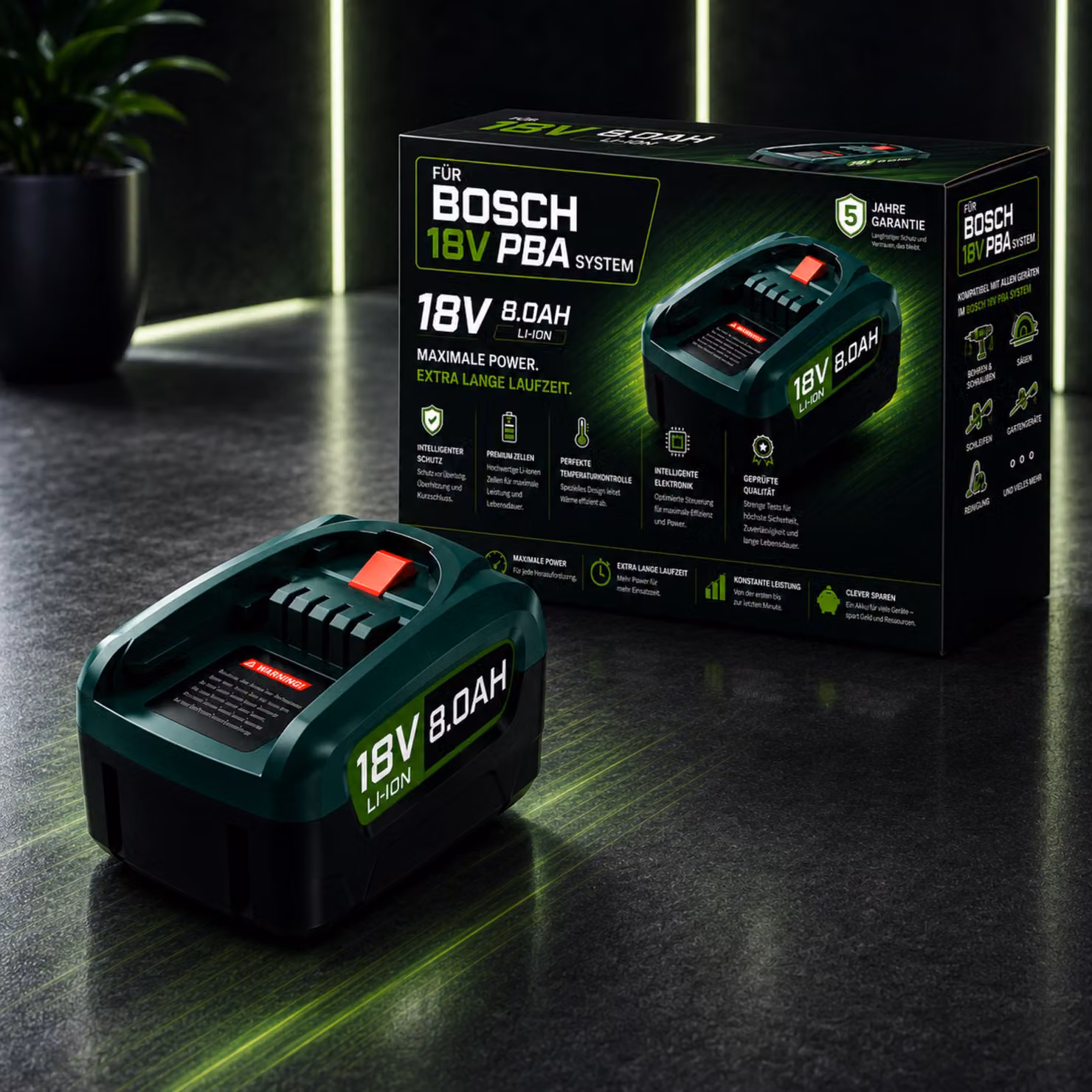 Batteria da 18 V e 8,0 Ah compatibile con Bosch Home & Garden PBA, PSB e PSR – Batteria di ricambio agli ioni di litio per utensili elettrici Bosch e Gloria con indicatore LED