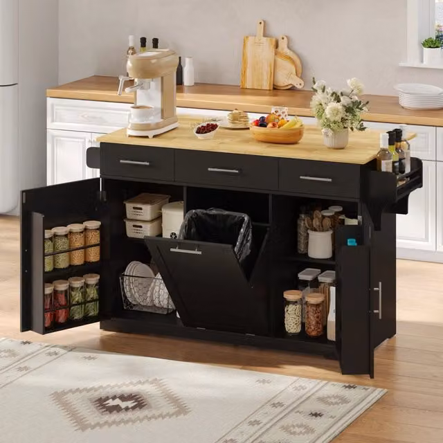 Isola da cucina mobile, carrello da cucina, credenza, piano di lavoro pieghevole, 3 cassetti, mobile con cestino dei rifiuti,, nero e color legno naturale
