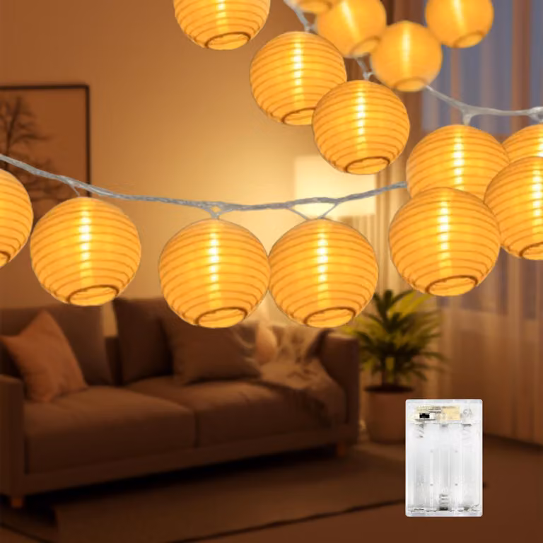 Catena di lanterne a LED, lunghezza 7 metri, 20 LED bianco caldo, con timer, grado di protezione IP44, alimentazione a batteria
