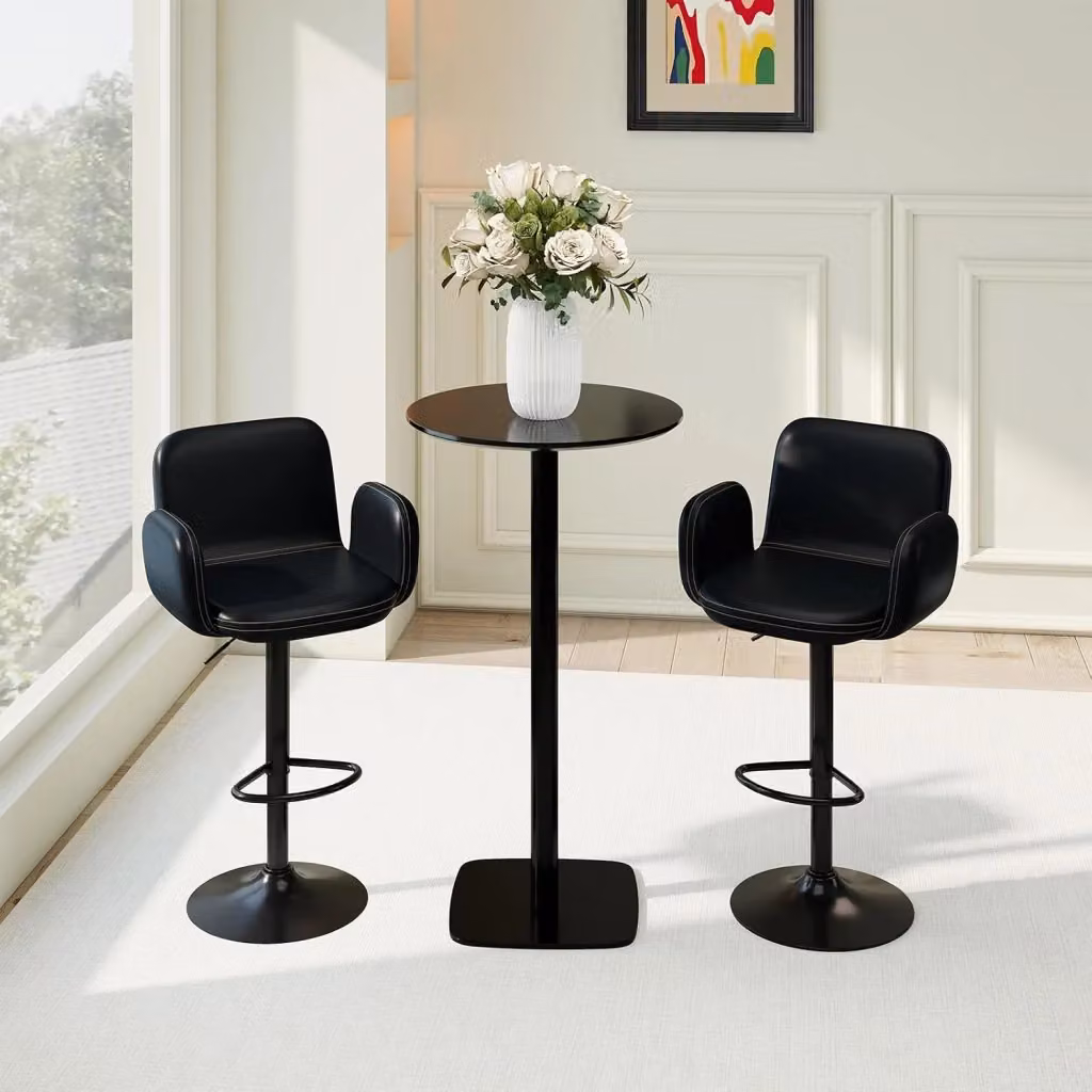Set di 2 Sgabelli da Bar Moderni COSTWAY in Pelle Sintetica Nera con Braccioli, Sedile Imbottito e Rotazione a 360 Gradi per Cucina e Sala da Pranzo – 2