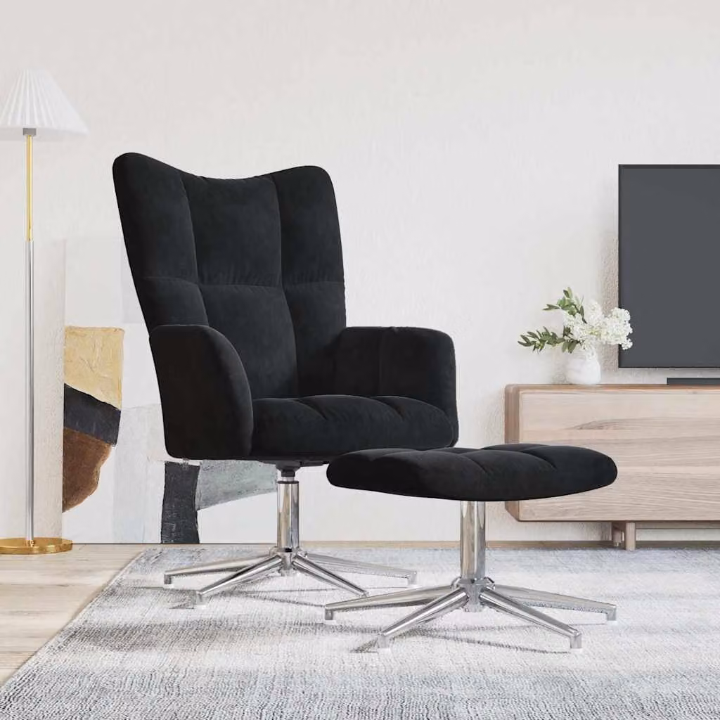 vidaXL Poltrona Relax con Poggiapiedi in Velluto Nero, Sedia Girevole 360 Gradi con Braccioli e Struttura in Metallo