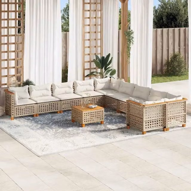 Set di Divani da Giardino vidaXL in Polyrattan e Legno di Acacia con Cuscini Beige e Tavolino, Design Moderno a Forma di U, 11 Pezzi – 1