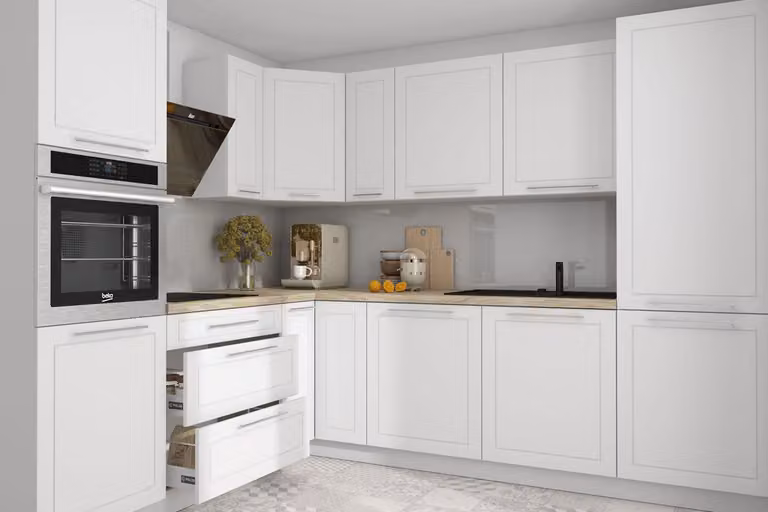Mobile cucina a L KVANTUM 230x270cm frontali MDF bianco opaco REJS guida a estrazione totale