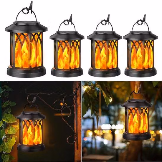 Illuminazione solare per giardino, set di 4 luci da giardino con effetto fiamma, impermeabili