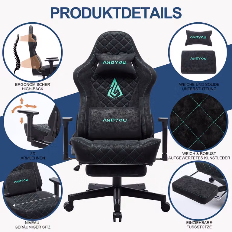 Sedia da gaming ergonomica, realizzata in ecopelle traspirante, con schienale e braccioli regolabili