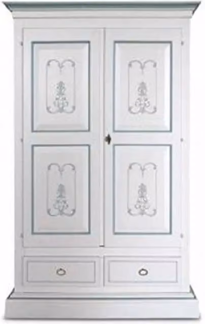 Armadio Shabby Chic KIVIO in Legno di Abete Bianco con Decorazioni Azzurre L/P/H: 125 x 60 x 200 cm