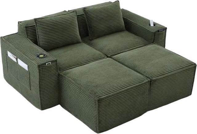 Divano modulare a 2 posti in tessuto a coste con 2 pouf, portabicchieri e tasche laterali, con molle e schiuma ad alta densità, senza montaggio, 188x162x75 cm