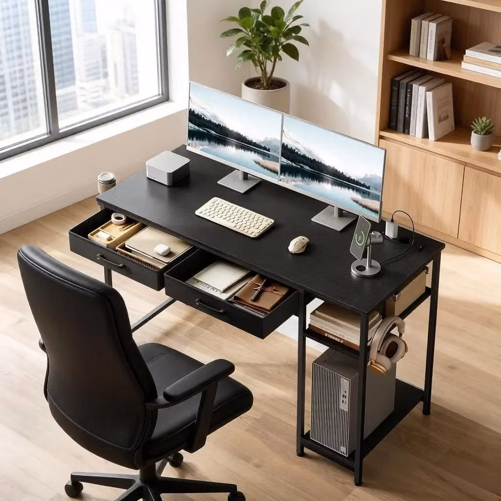 Scrivania moderna Mivray nera con 2 cassetti in tessuto e stazione di ricarica integrata in legno e metallo L/P/H: 120 x 51 x 75 cm – 2
