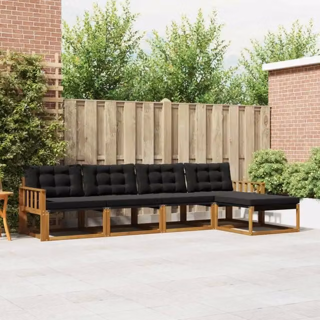 Set di divani da esterno a L con ottoman vidaXL in legno di acacia e textilene, marrone e nero – 1