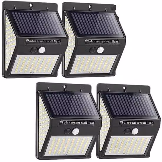 Un set di 4 luci da esterno a energia solare, impermeabili, con sensore di movimento, 144 LED, grado di protezione IP65, ideali per il giardino.