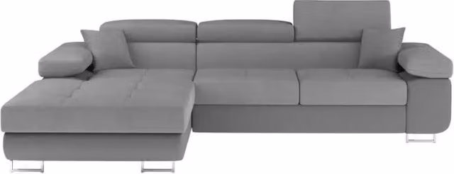 Divano angolare trasformabile MEUBLORAMA grigio con contenitore e funzione letto, modello moderno in tessuto microfibra con poggiatesta regolabile, L/P/H: 280 x 149 x 90 cm