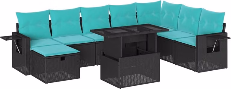set di divani da giardino da 9 pezzi con cuscini, in polyrattan nero