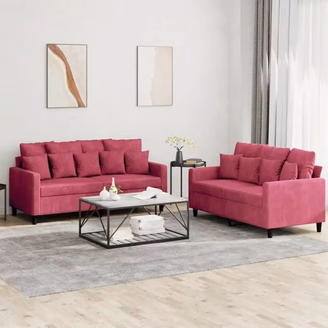 Set di Divani 2 pz con Cuscini Rosso Vino in Velluto 3201704