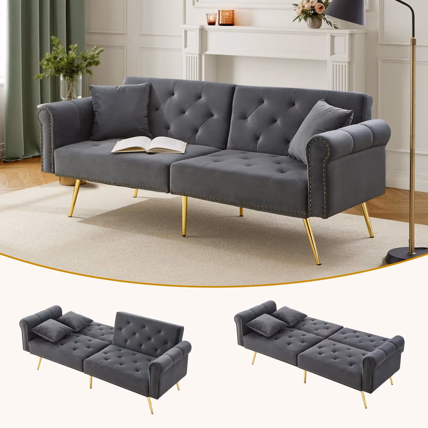 Divano letto ZR Home a 2 posti in velluto grigio con piedi dorati e poggiatesta regolabile, L: 173 cm, P: 75 cm, H: 70 cm – 2