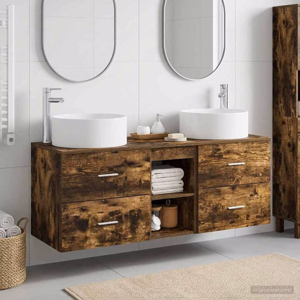 Set di mobili per il bagno vidaXL composto da 3 pezzi in legno color rovere fumo con dettagli argento, L: 129 cm, P: 44,5 cm, H: 80 cm