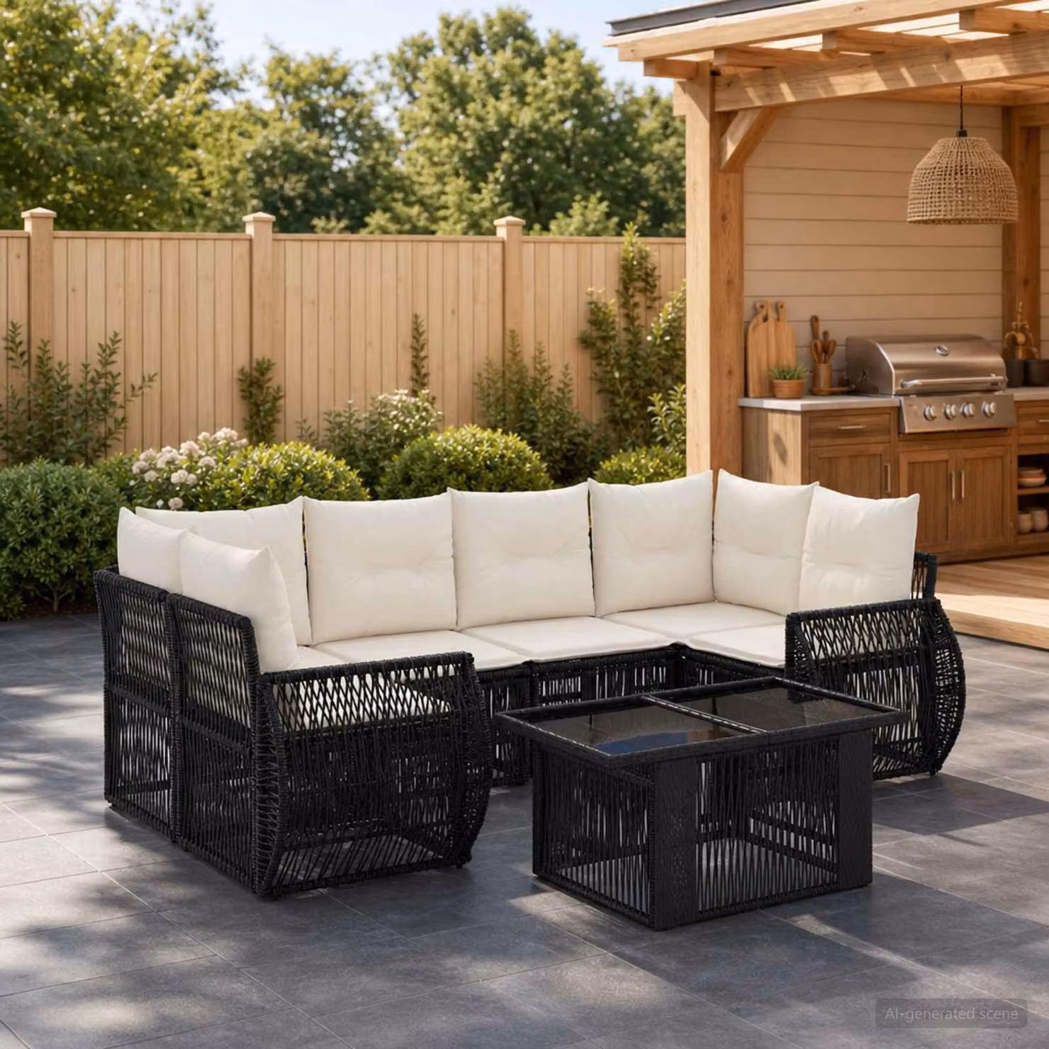 Set Divano da Giardino vidaXL 7 pz in Polyrattan Nero e Bianco Crema con Cuscini e Tavolino in Vetro
