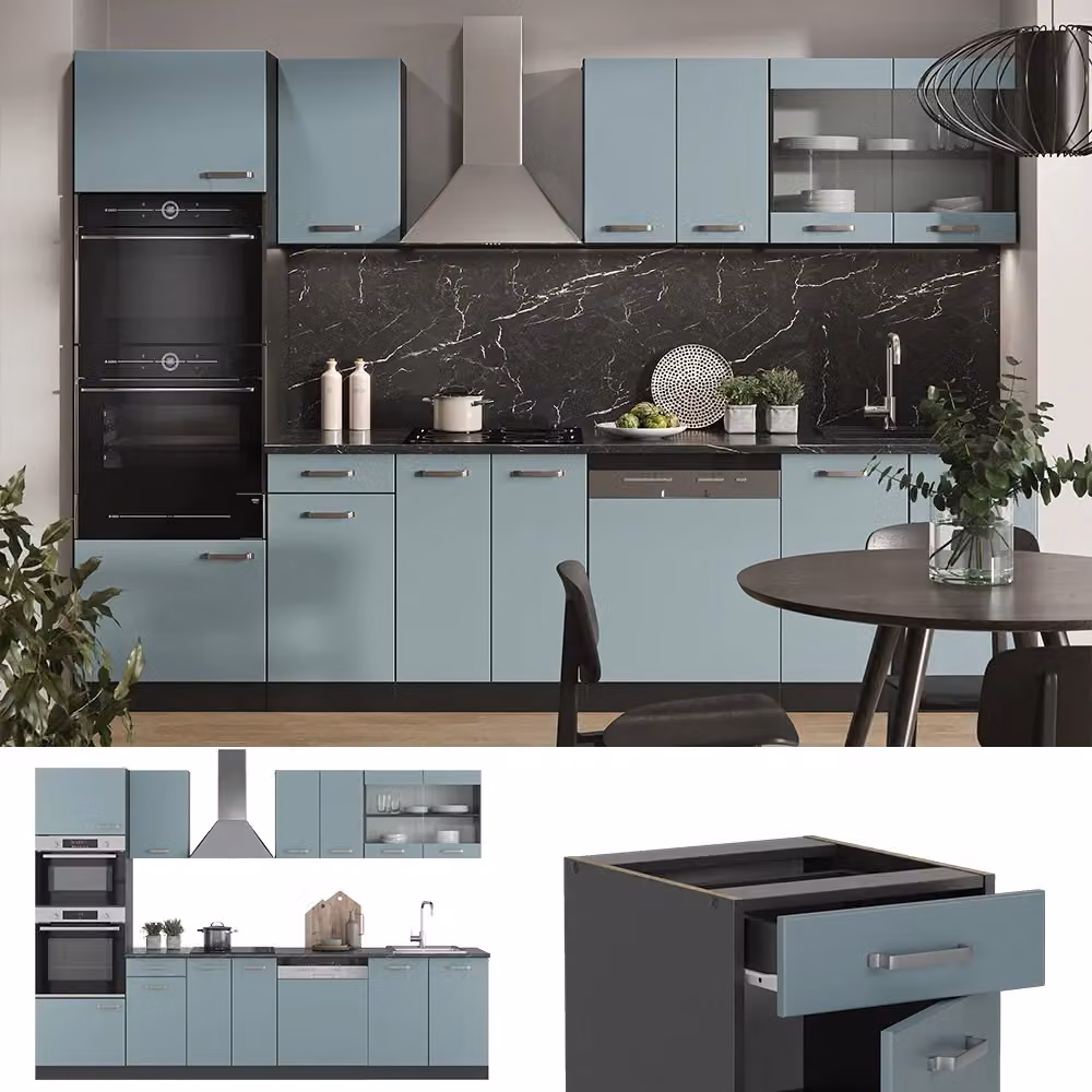 Cucina componibile moderna Vicco R-Line in finitura opaca Grigio-blu/Antracite e Rovere, L: 300 cm – 2