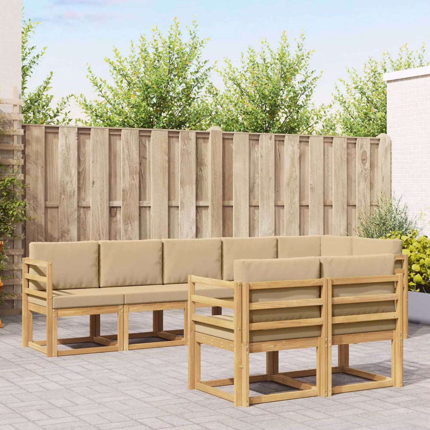 Set di divani da esterno a forma di U vidaXL in legno di acacia con cuscini, Bianco, Beige e Marrone