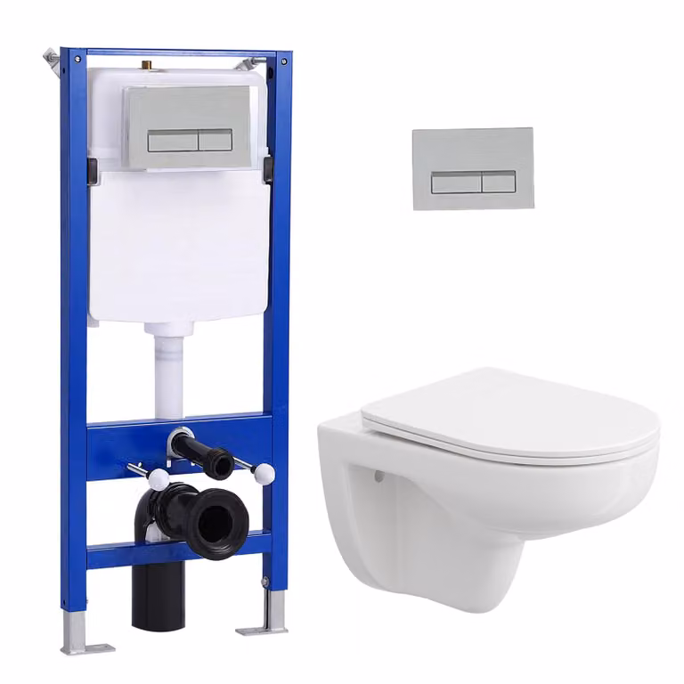 Set di elementi da incasso per WC + WC sospeso senza bordo + cassetta da incasso da 114 cm con piastra di spinta rettangolare cromata HOROW