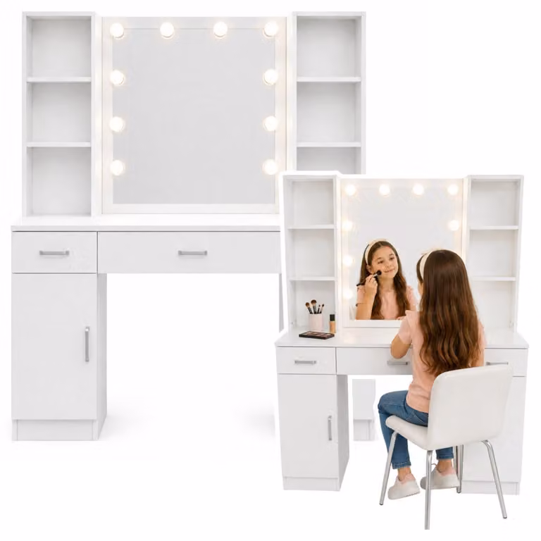 Comò da trucco con specchio a LED, cassettiere, colore bianco, dimensioni 141 x 114 x [inserire l'ultima dimensione]