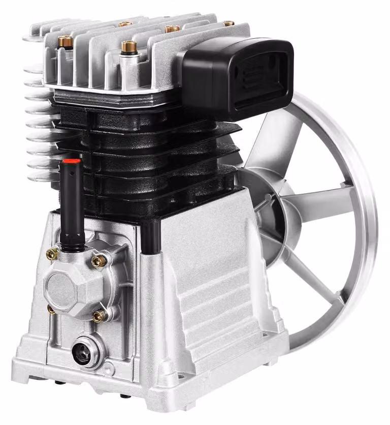 Testa pompa per compressore d'aria - Gruppo compressore da 3 HP - 250 l/min a 8 bar - Trasmissione a cinghia con filtro dell'aria e silenziatore - Alluminio e ferro - Argento