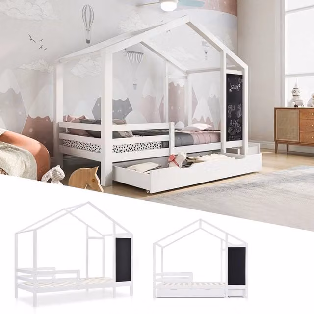 Letto a Casetta 90x200 cm in Legno Massello con Lavagna e 2 Cassetti Bianco