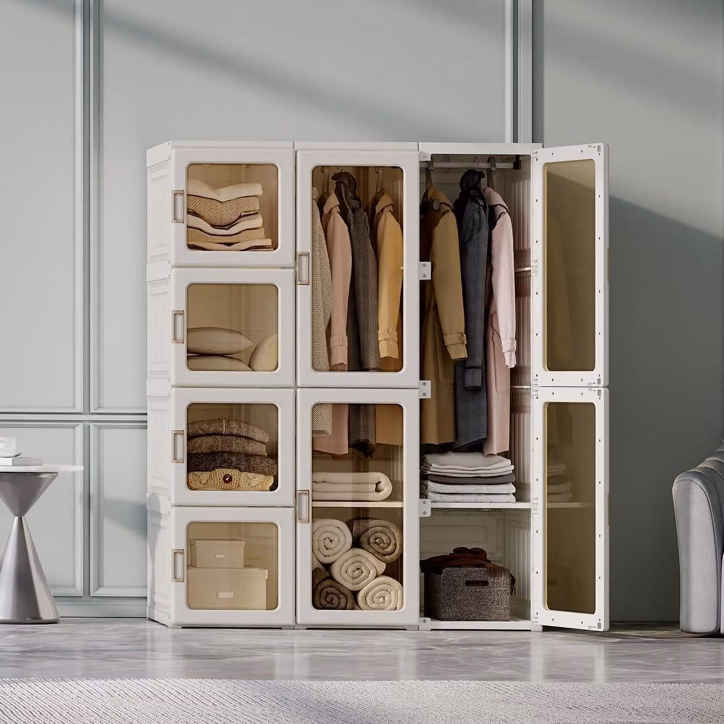 Armadio pieghevole, dimensioni 104 x 136 x 50 cm, colore bianco, 8 ante con 2 aste