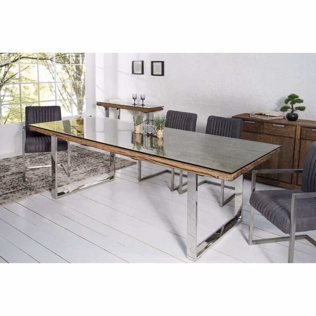 Tavolo da pranzo moderno Meublorama rettangolare con piano in vetro trasparente e struttura in metallo nero, L: 180 cm – 2