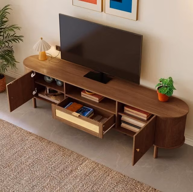 Mobile TV moderno in MDF effetto noce 175x36x51 cm con ante e vani aperti