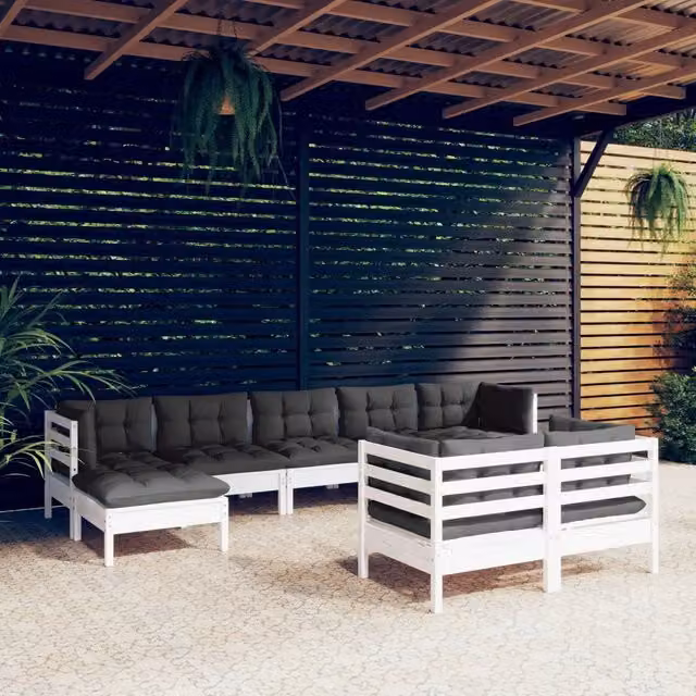 Set Divani da Giardino 9 pz con Cuscini Bianchi Legno di Pino 3097128