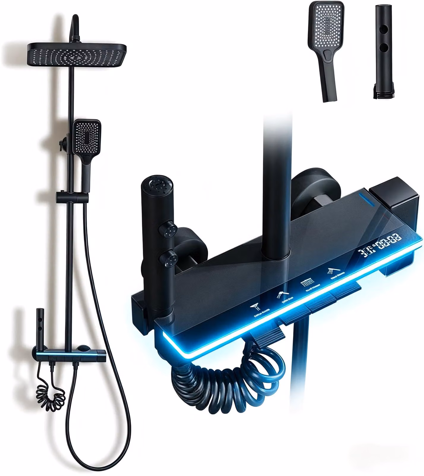Rubinetto doccia a pioggia con LED, 4 getti, effetto cascata, colore nero