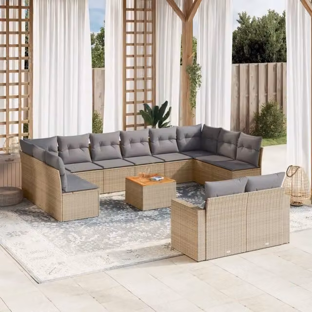 Set Divano da Giardino VIDAXL in Polyrattan Beige con 13 Cuscini a Forma di U