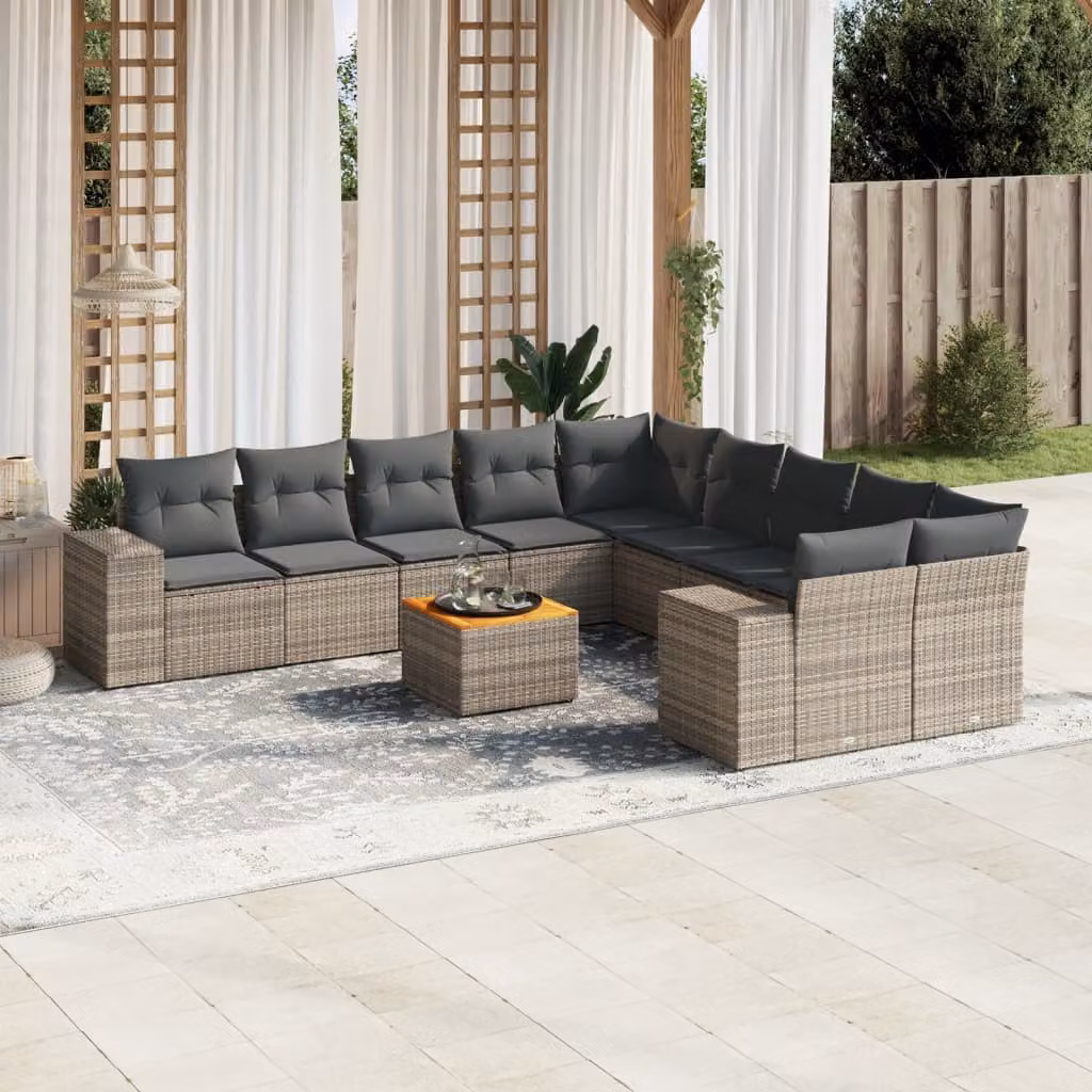 vidaXL Set Divani da Giardino 11 pz in Polyrattan Grigio con Cuscini e Tavolino da Esterno a Forma di L – 1