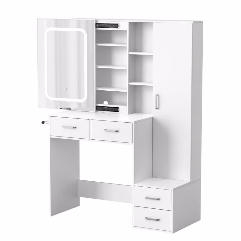 AIORBER tavolo da toilette con illuminazione a specchio LED cassetti ripiani sgabello tavolo da toilette moderno con spazio di archiviazione per camera da letto bianco