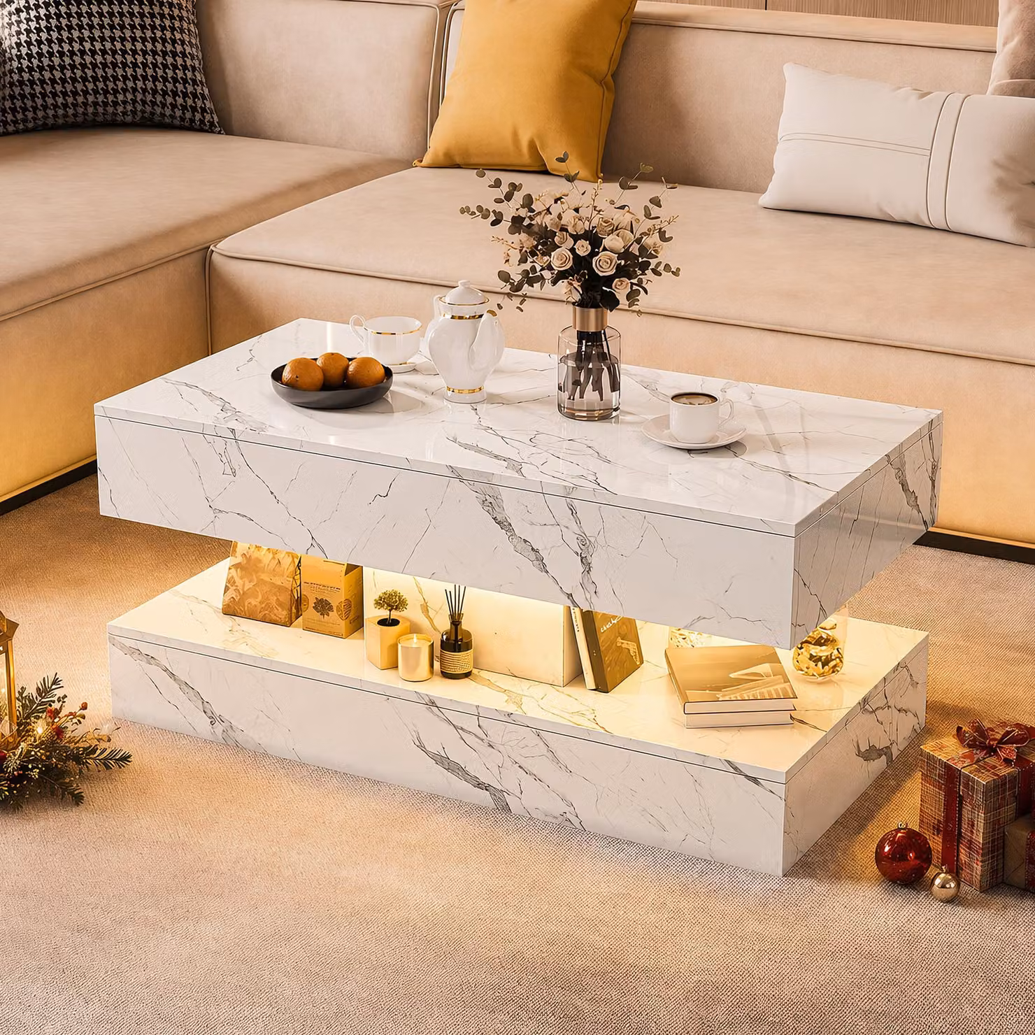 Tavolino REMZETTA, dimensioni 100 x 50 x 45 cm, bianco con effetto marmo lucido, tavolino moderno per il soggiorno, ideale per divani e zone relax, adatto per living eda pranzo