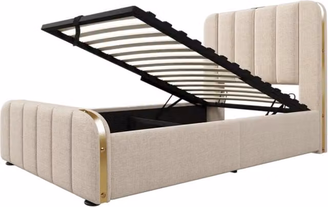 Letto singolo imbottito 90x200 cm con testiera in lino beige, strisce dorate e funzione di ricarica USB Type-C, contenitore idraulico senza materasso