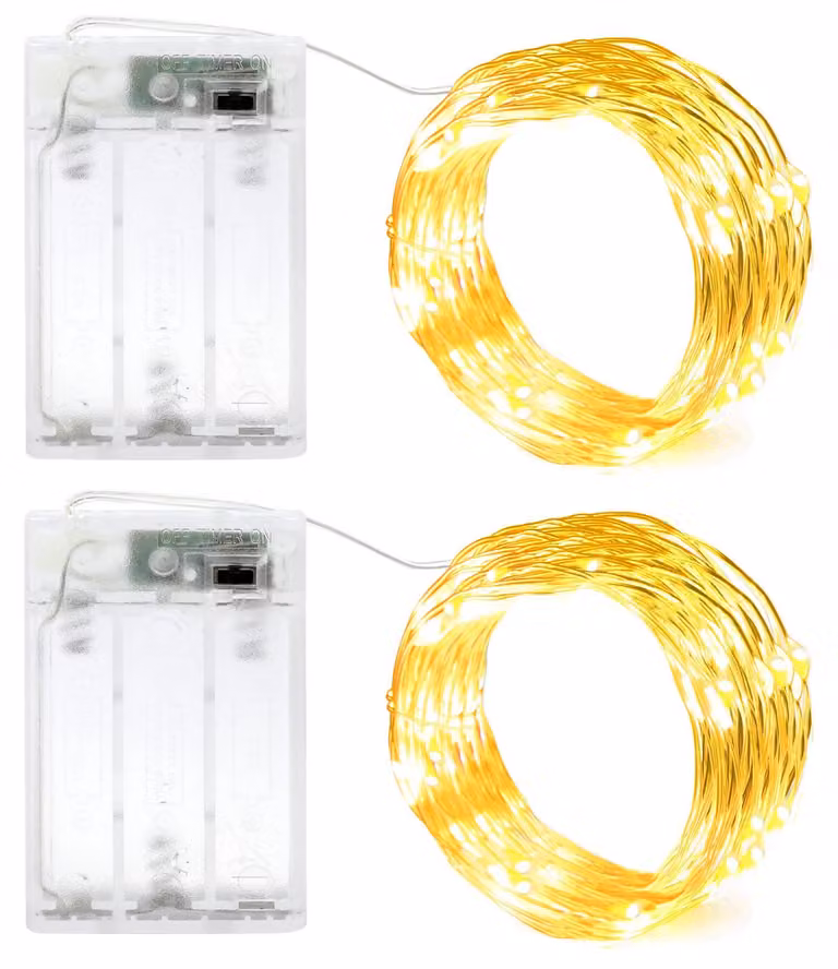 Catena luminosa con timer, 20 LED, confezione da 2, luce bianco caldo, alimentazione a batteria
