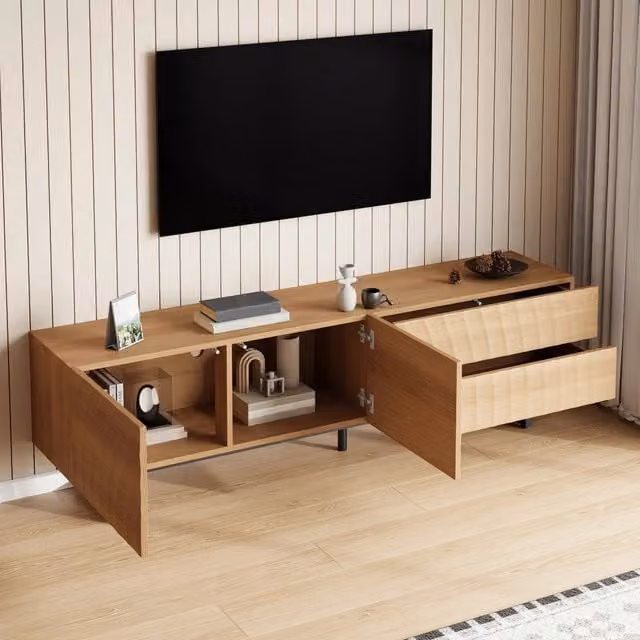 Mobile porta TV con 2 ante 2 cassetti e passacavi, in truciolare naturale con gambe in metallo 180 × 38 × 51,5 cm