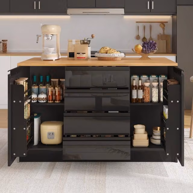Isola da cucina 140x80x90 cm con piano estraibile; 4 cassetti; nera