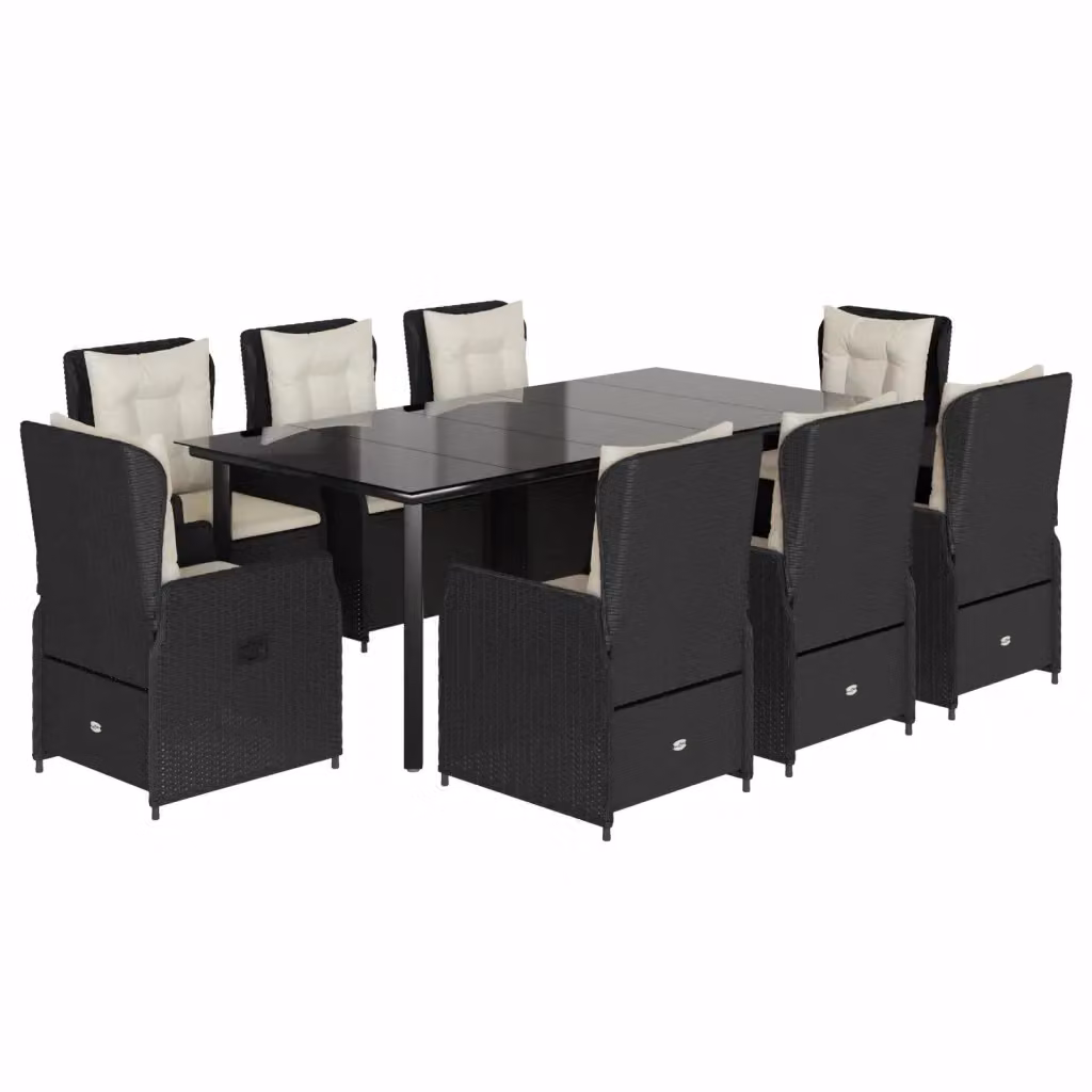 Set da pranzo da giardino vidaXL in polyrattan nero con cuscini bianchi e tavolo in vetro – 2