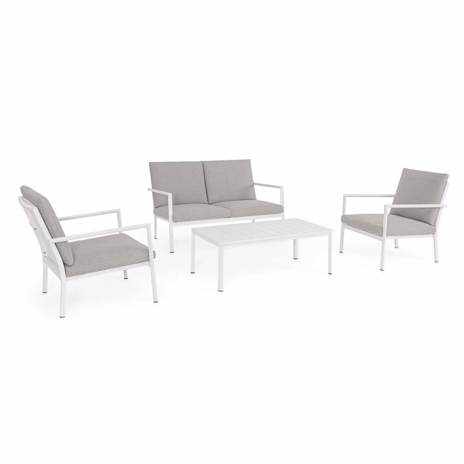 Set salotto da giardino KONNOR in textilene con cuscini e struttura in alluminio bianco, 4 pezzi