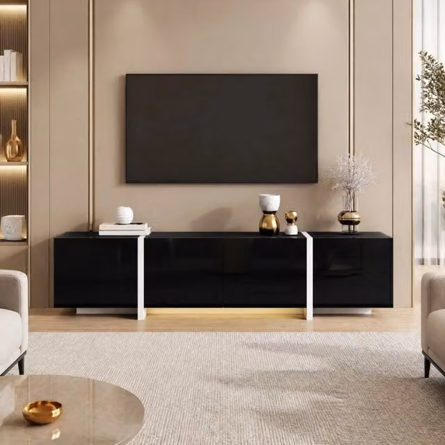 Mobile TV moderno MIVRAY con ante lucide e cassetto, bianco e nero, L/P/H: 170 x 30 x 39 cm