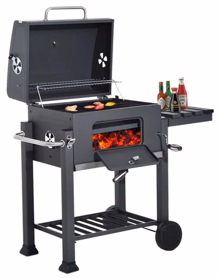 Barbecue a carbone - Carrello per barbecue - Superficie di cottura: 56 x 41,5 cm - Con coperchio - Termometro integrato - Maniglia in acciaio inossidabile - Griglia - Colore: nero