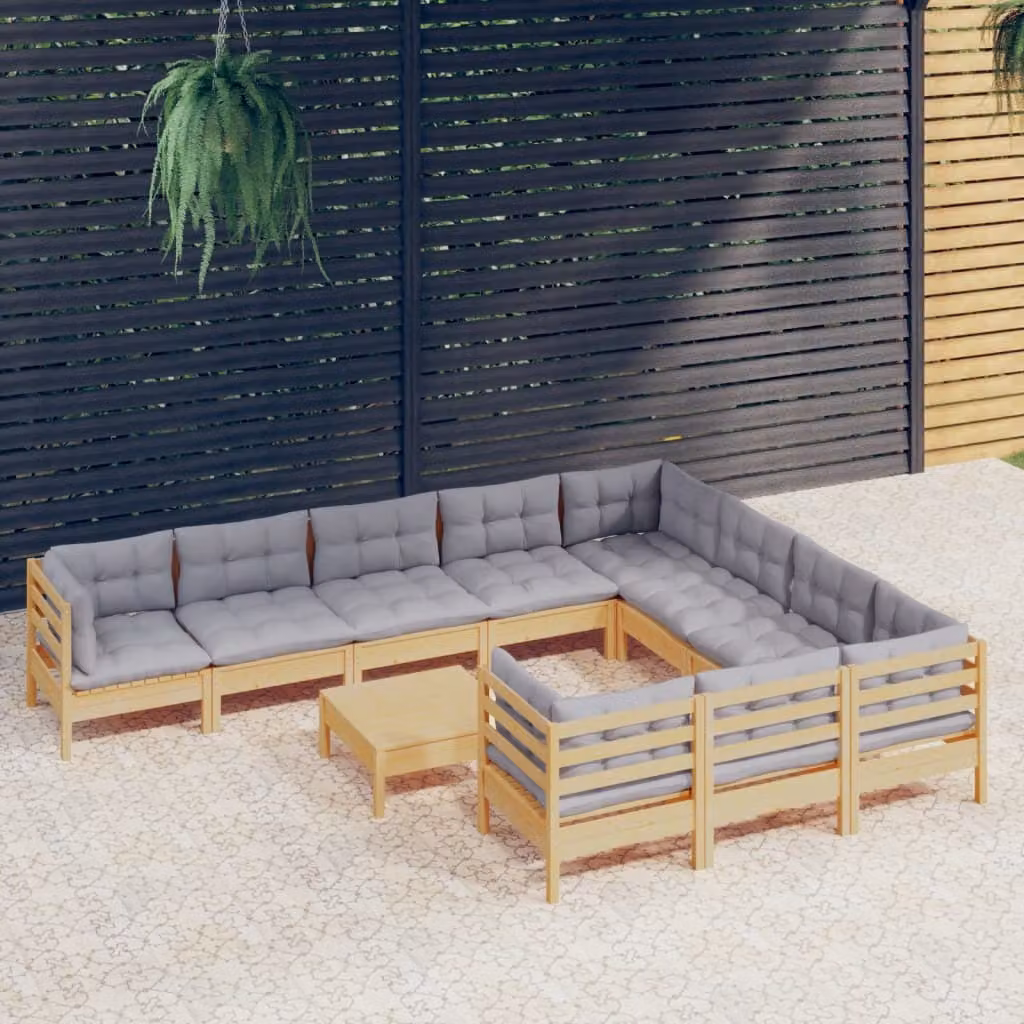 The Living Store Set da giardino da 11 pezzi con cuscini grigi in legno di pino