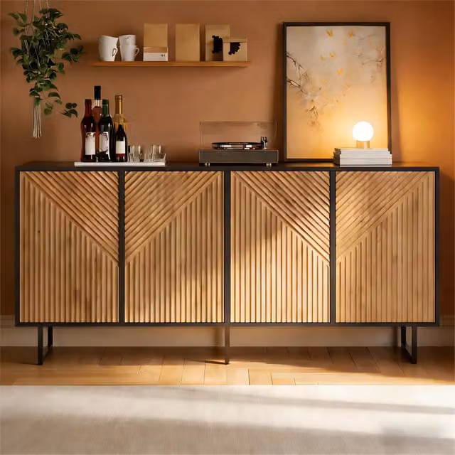 Sideboard soggiorno 160x40x75 cm, 4 ante, legno naturale nero, 3 piedi