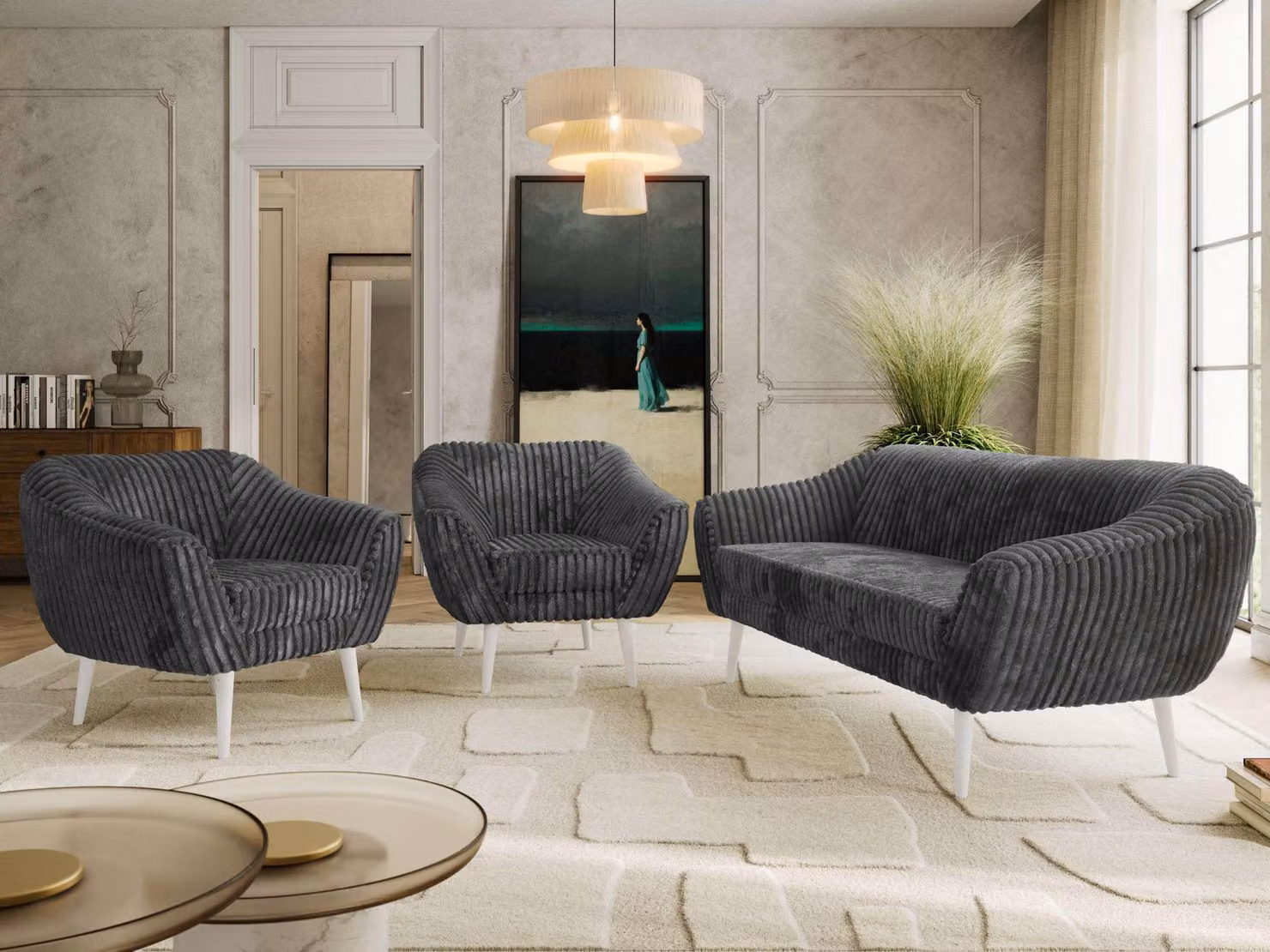 Divano componibile MKS MEBLE, set divani PIRS 1-1-3, divano scandinavo a 3 posti con poltrone, divano con sospensioni a molle, gambe bianche, design scandinavo - grigio corduroy